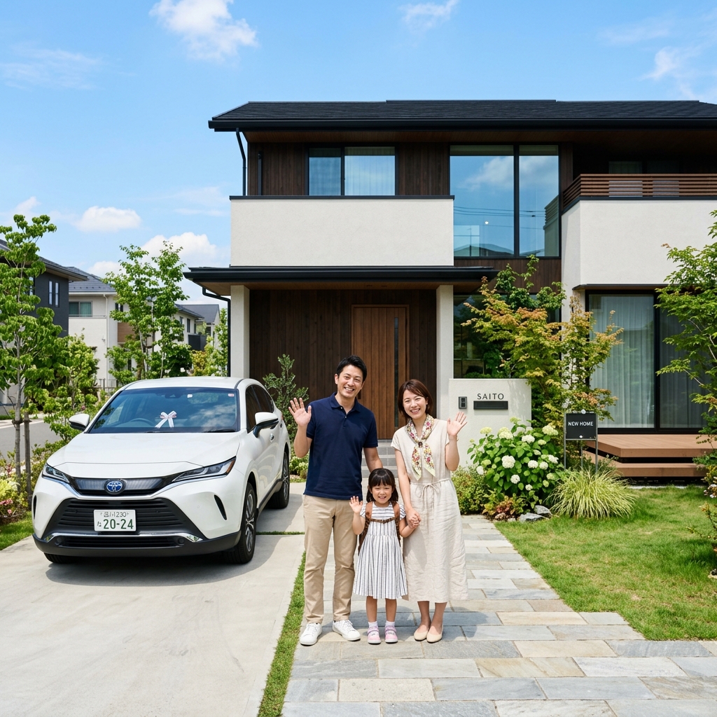 新車の前で笑顔の日本人家族